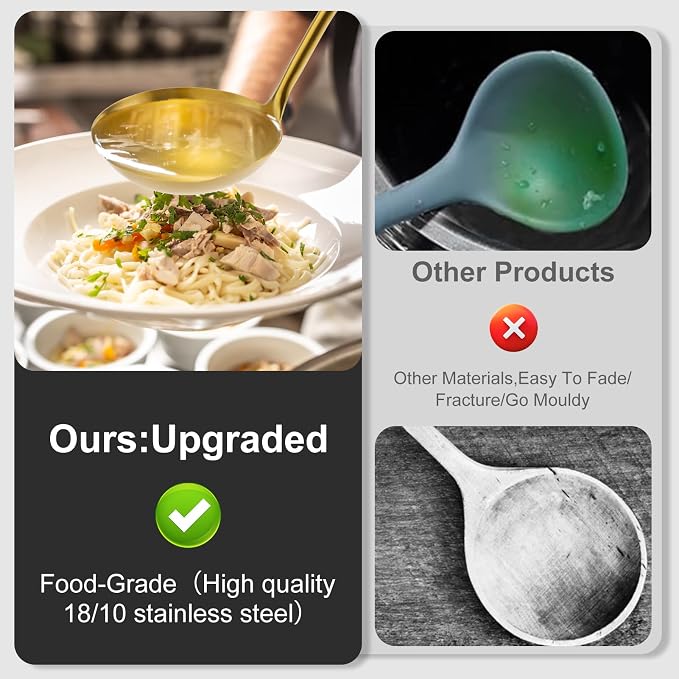 Gold Soup Ladle - Stainless Steel Ladle Spoon, Perfect Gifts | 13.8"Large Soup Spoons [Integral Forming, Heat Resistance] Kitchen Metal Ladel for Cooking, Serving, Stirring, Wok & Soup