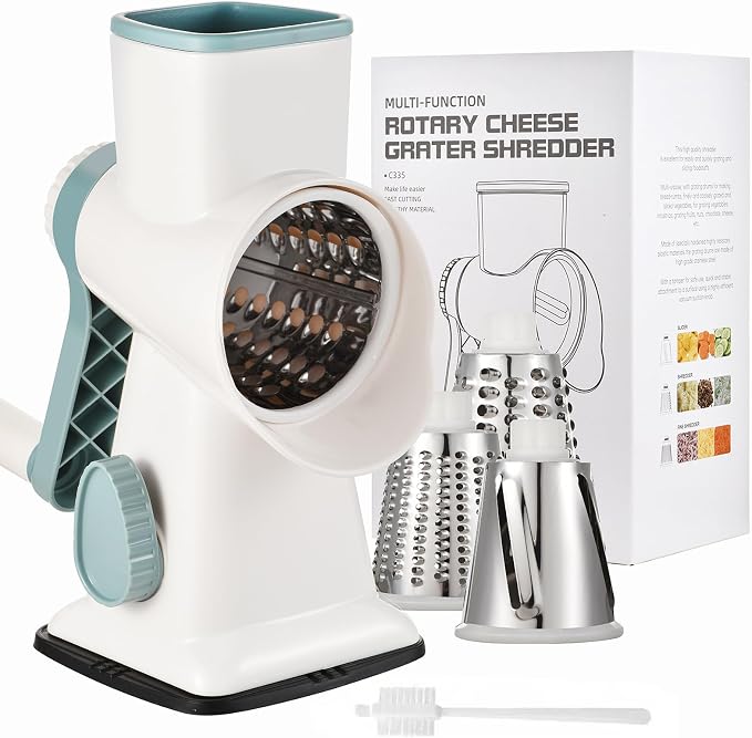 Rotary Cheese Grater Manual Hand Crank 3-in-1 Vegetable Shredder | Finger-safe design, stainless steel drums, suction base. Perfect for cheese, vegetables, nuts & chocolate. Easy to clean