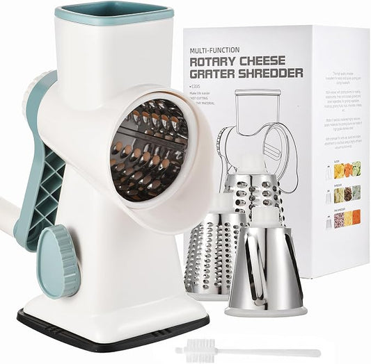 Rotary Cheese Grater Manual Hand Crank 3-in-1 Vegetable Shredder | Finger-safe design, stainless steel drums, suction base. Perfect for cheese, vegetables, nuts & chocolate. Easy to clean