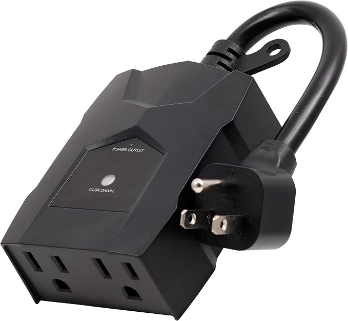 UltraPro Outdoor Dusk to Dawn Outlet Timer, Dual Outlet Light Sensor Plug, Weather‑Resistant Automatic Lighting Control for Landscape & Seasonal Lights, 1 Pack, Black, 70303