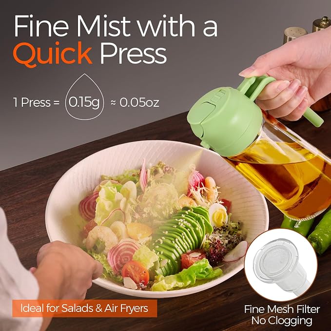 YARRAMATE 16oz/470ml Glass Olive Oil Sprayer for Cooking with Stickers, 2 in 1 Oil Dispenser for Kitchen Gadgets, Food Grade Premium Spray Bottle with Portion Control for Salad, Frying, BBQ (Green) | Food-grade dispenser bottle, 470 ml, spray and pour,...