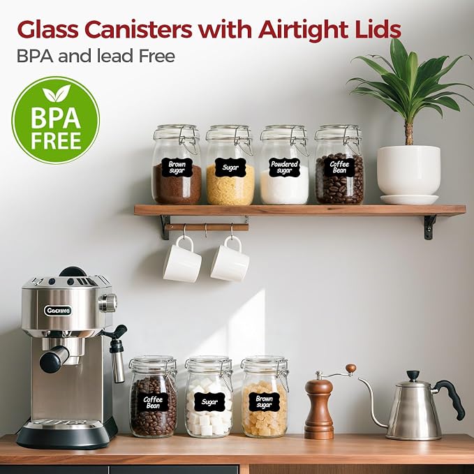 Glass Jars with Airtight Lids 34 oz 6 Pack Food Storage Pantry Round | Leak Proof,BPA-Free,Cereal Flour Sugar Rice Cookies Candy Nuts Snacks Dry Goods Storage, Pantry Organization, Pickling