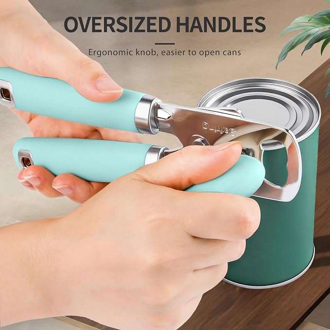 Safring Can Opener Manual, Heavy Duty Stainless Steel Smooth Edge Can Openers With Soft Touch Handle, Oversized Handheld Easy Turn Knob, Multi-Function Bottle Opener, Aqua Sky