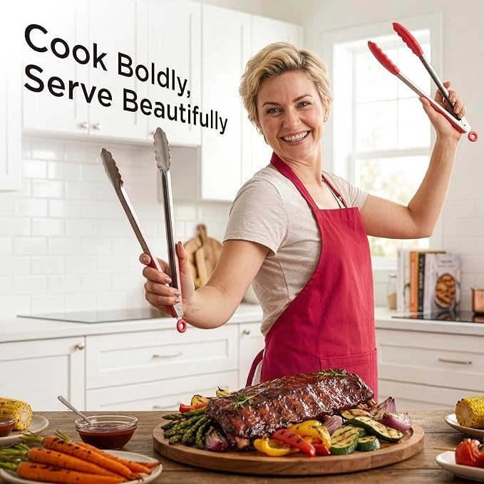 Kitchen Mama DuoEssentials Cooking Tongs Set, Red | Silicone Tip, Stainless Steel, Locking Ring, Heat Resistant, Non Stick Cookware Safe