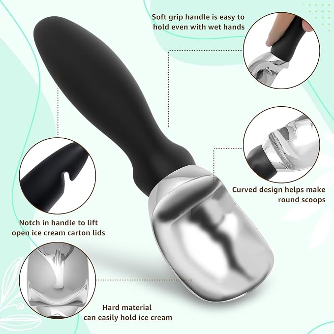 2 Pack Ice Cream Scoop, Heavy Duty Zinc Alloy Ice Cream Scooper with Non-Slip Handle, Ice Cream Spade for Hard Gelato, Sorbet, Cookie Dough, Melon