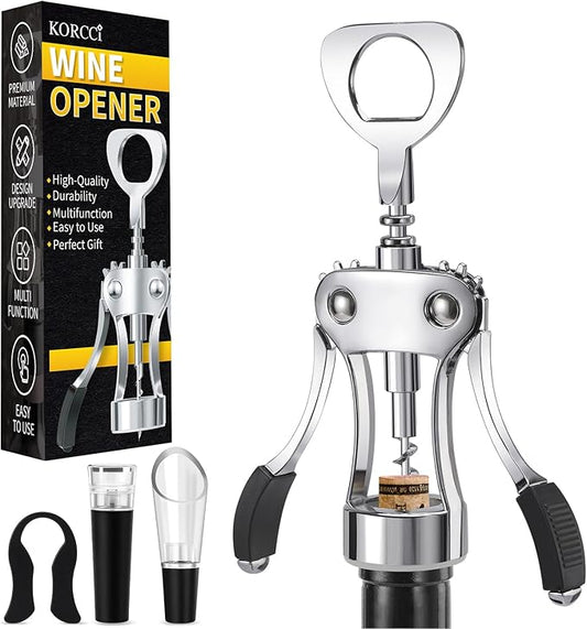 KORCCI Multifunctional Wine Bottle Opener Gift Set - Heavy-Duty Zinc Alloy Wing Corkscrew, Foil Cutter, Vacuum Stopper & Aerator Pourer for Kitchen, Bar, Restaurant, Bartenders