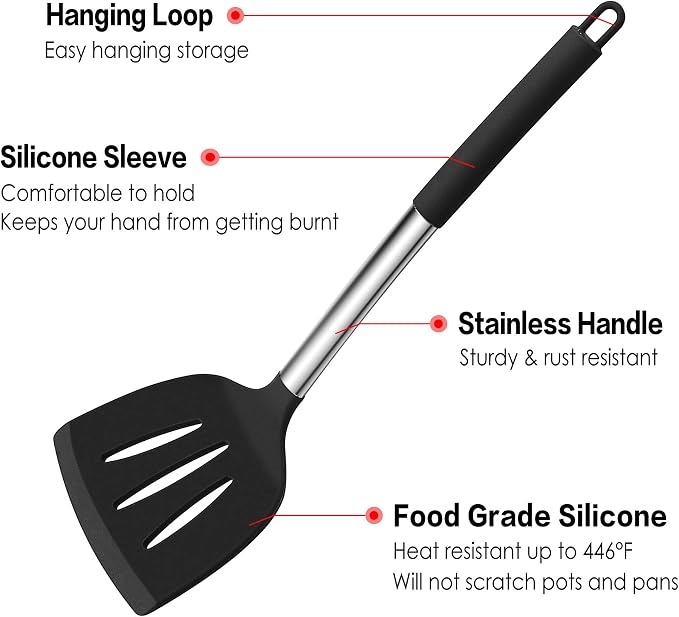 LIANYU 15-Piece Kitchen Cooking Utensils Set with Holder, Silicone Kitchen Tools Stainless Steel Handle, Slotted Spatula Spoon Turner Tong Whisk Brush for Cooking, Black