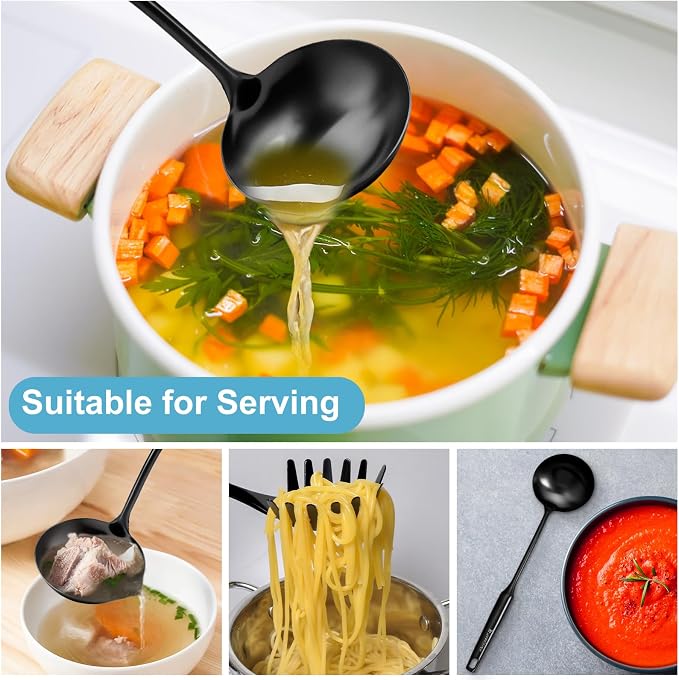 Stainless Steel Ladle - 13.8" Large Metal Ladel，Perfect Gifts | Durable Kitchen Soup Ladle for Cooking, Serving, Stirring, Canning，Sauce, Wok & Soup，Black,