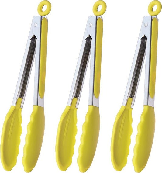HINMAY Silicone Tipped Tongs 9" Kitchen Cooking Tongs, Set of 3 (Yellow)