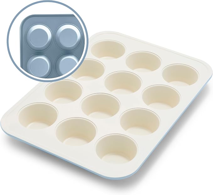 GreenLife 12 Cup Ceramic Nonstick Muffin Pan, Blue Haze | 11.4" x 1.9" x 15.9", PFAS-Free Nonstick, Cupcake Tin, Easy Release, Even Heating, Wipe Clean, Heavy Duty, Warp Resistant