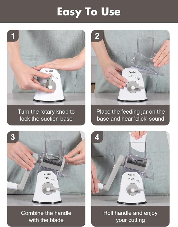 Geedel Rotary Cheese Grater Cheese Shredder with 5 Interchangeable Blades - Upgraded Rotary Grater Featuring Strong Suction Base for Cheese Shredding, Wavy Slicing, Nut Grinding, and Ice Shaving