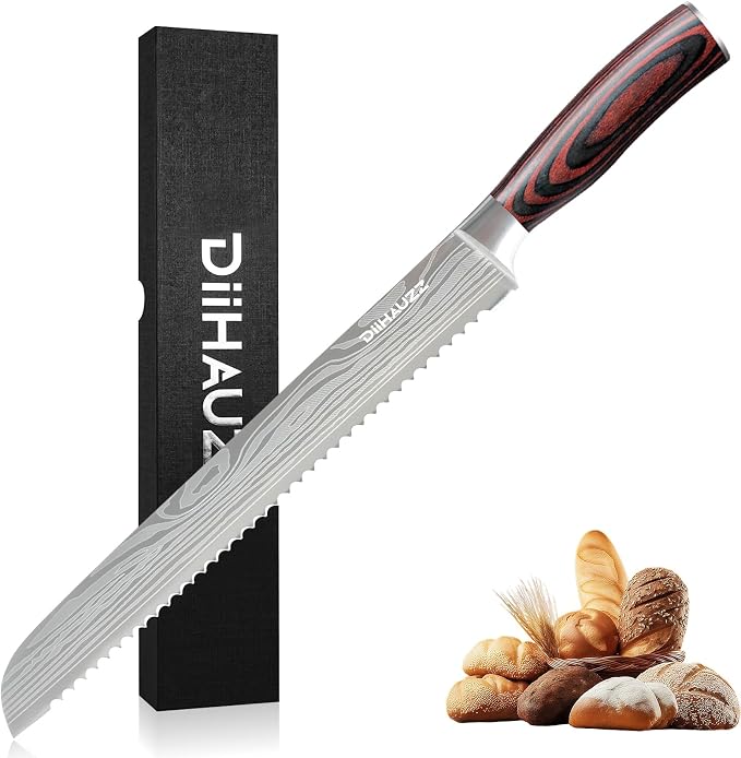DiiHAUZZ 10 Inch Bread Knife, Serrated Knife for Homemade Bread, Razor Sharp High Carbon Stainless Steel Sourdough Cutter, Professional Bakery Kitchen Knives with Ergonomic Handle for Bagel, Cake
