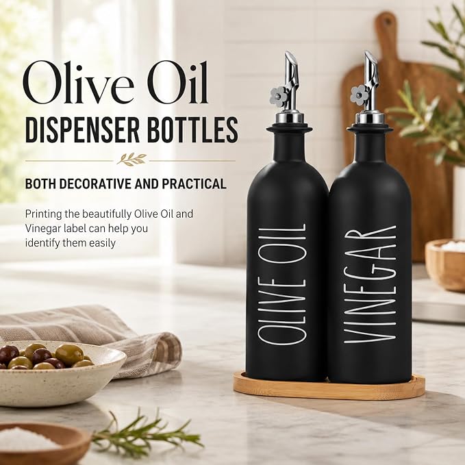 HOMCDALY 16oz Olive Oil Dispenser Bottles for Kitchen, Glass Black Oil&Vinegar Dispenser Set, Kitchen Olive Oil Bottles with Bamboo Tray| Set of 2 (16oz-P-Black)