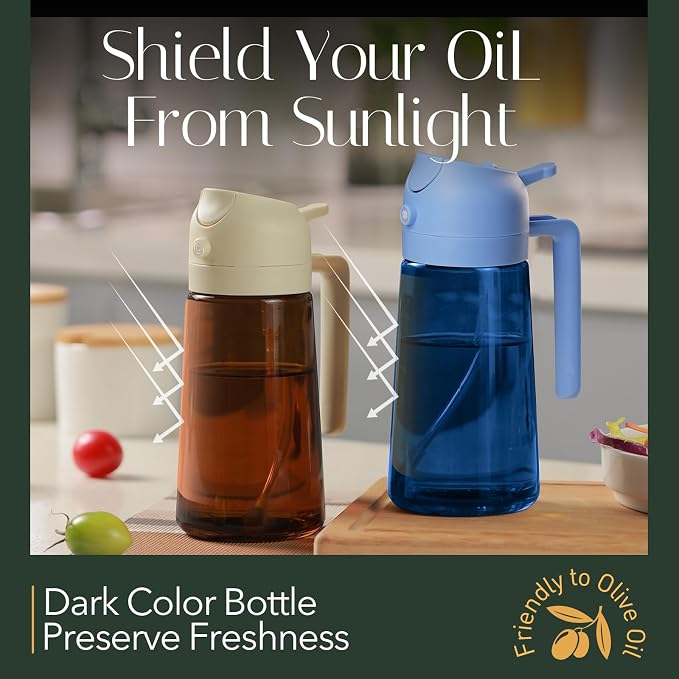 YARRAMATE 16oz/470ml Light-Blocking Dark Oil Sprayer for Cooking (Skyblue) | 2 in1 Olive Oil Dispenser Bottle for Kitchen, Premium Blue Glass Oil Bottle, Food-Grade Oil Mister for Air Fryer, BBQ
