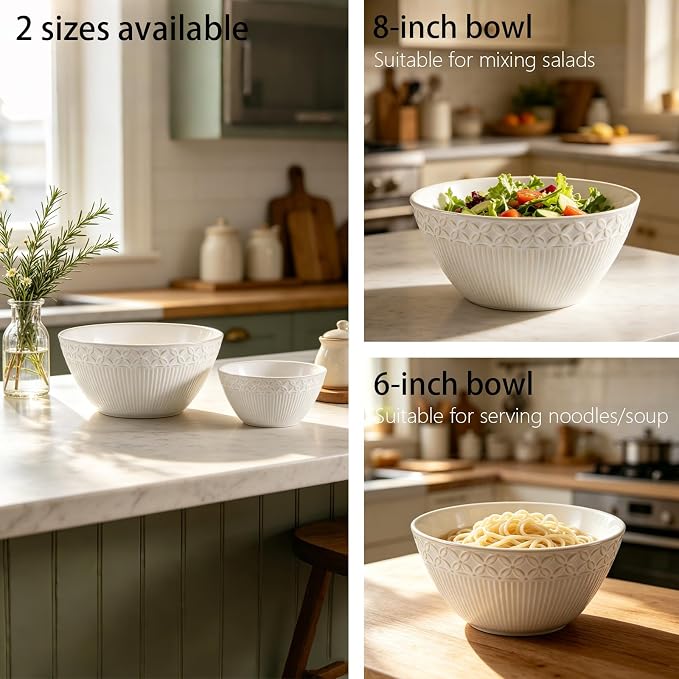 Ceramic Mixing Bowls Set, 2 Pcs Large Salad Serving Bowl, Vintage Nesting Mixing Bowls with Embossed Surface for Cooking, Baking & Prepping, Microwave and Dishwasher Safe
