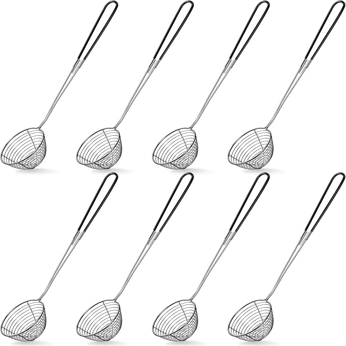 Geiserailie 8 Pieces Hot Pot Kit Strainer Scoops Stainless Steel 2.5 Inch Mini Spider Strainer Skimmer Pasta Mesh Spoon Asian Skimmer Spoon Ladle with Handle for Home (Black)
