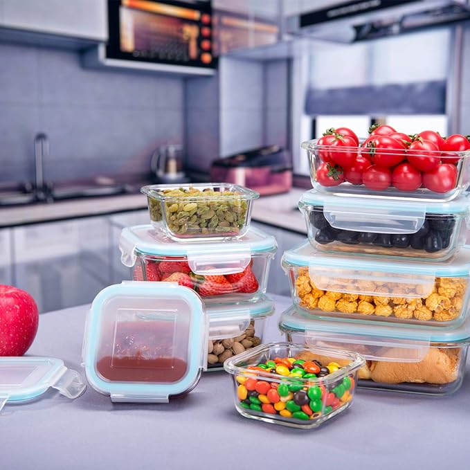 18 Piece Glass Food Storage Containers with Lids, Glass Meal Prep Containers, food storage Containers for Food Storage, BPA Free & Leak Proof (9 lids & 9 Containers)
