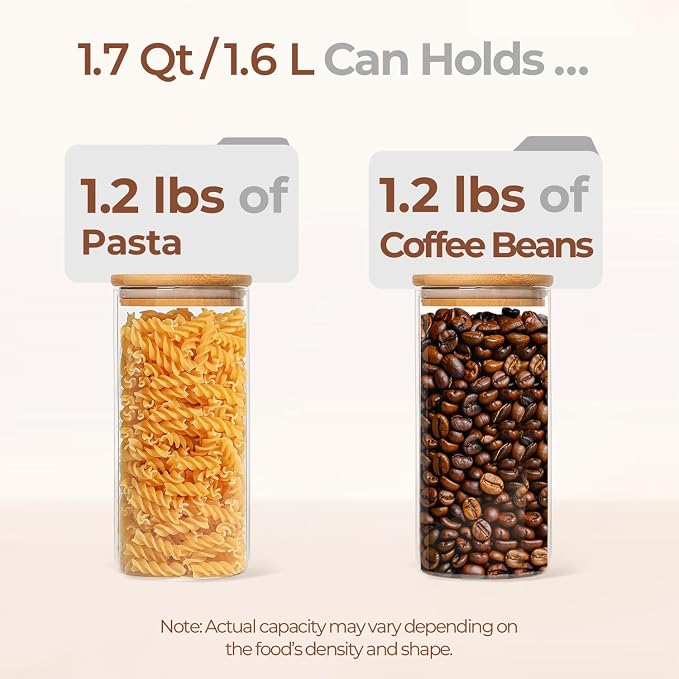 ComSaf Glass Storage Containers wtih Lids 1.7 Qt, 3 Pack Glass Storage Jars | Glass Containers with Bamboo lids, Glass Canisters 54oz, Kitchen Cabinet Storage, Tea, Spice, Coffee, Dry Food, BPA Free