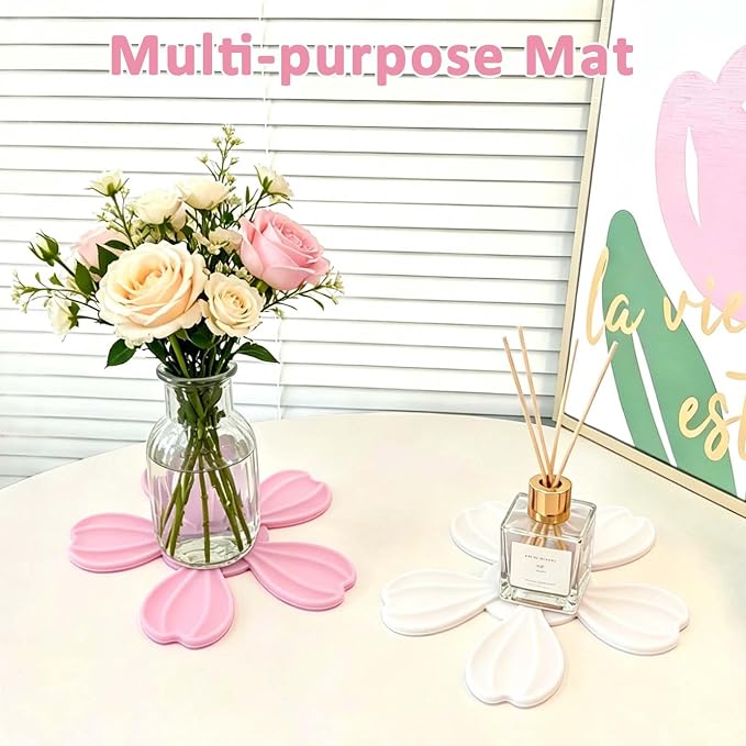 4-piece Silicone Trivet Mat - Non-Slip & Heat Resistant Kitchen Hot Pads for Table & Countertop, Multifunctional Mats can Hold Coffee, Plates, and Various Ornaments, Pink & White