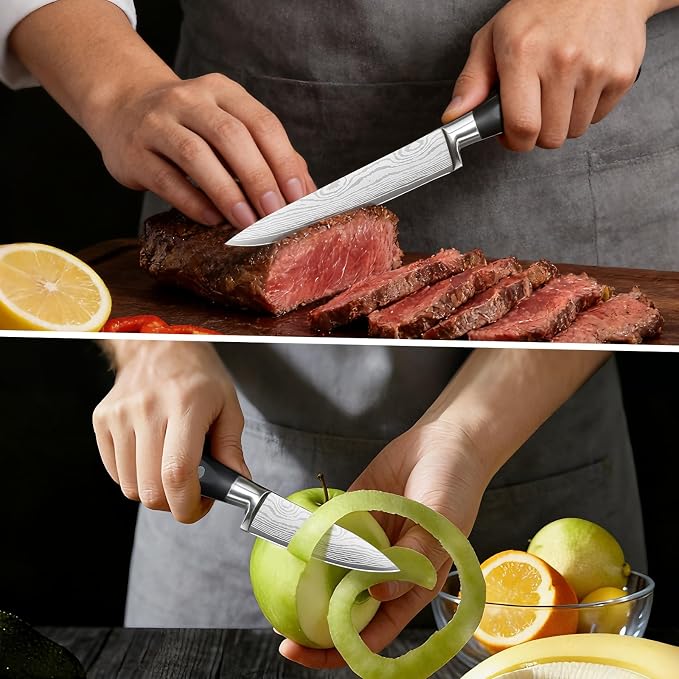 Razor Sharp 2PCS Small Kitchen Knife Set, 5 inch Utility Knife and 3.5 inch Paring Knife, High Carbon Steel Damascus Pattern Japanese Chef Knife with Full Tang Handle Design for Home Kitchen