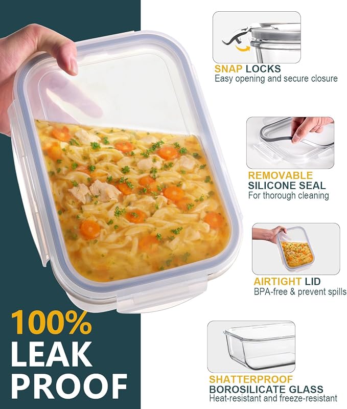 Large Glass Food Storage Containers with Lids, 2 Pack, 8 Cups/ 63oz | Meal Prep Food Container Set for Family Meal, Leftovers, Baking, Leak-Proof, Microwave, Oven, Freezer & Dishwasher Safe