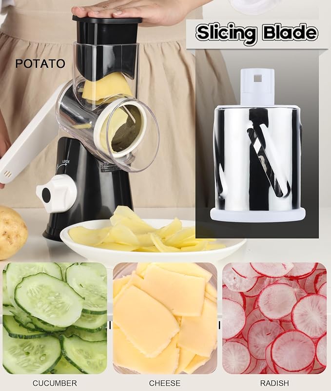 Ourokhome Salad Spinner Lettuce Spinner, One-handed Easy Press Large Salad Dryer Mixer and Rotary Cheese Grater Shredder - 3 Drum Blades Manual Speed Round Food Slicer Nut Grinder