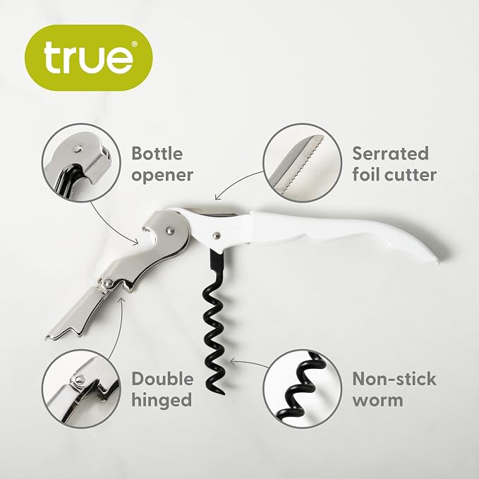True Truetap Double Hinged Waiter's Corkscrew Wine Opener, Stainless Steel Wine Bottle Opener with Built In Foil Cutter, Home Bar Tools, Bar Cart Accessories, Wedding Gifts, Set of 1, White