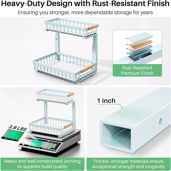 Kitstorack Under Sink Organizer, 2 Tier Under the Sink Storage, Slide out Pull out Cabinet Organizer Shelf, Metal Sliding Drawer for Kitchen Bathroom Pantry Closet Organization Rack, Blue, 2 Pack