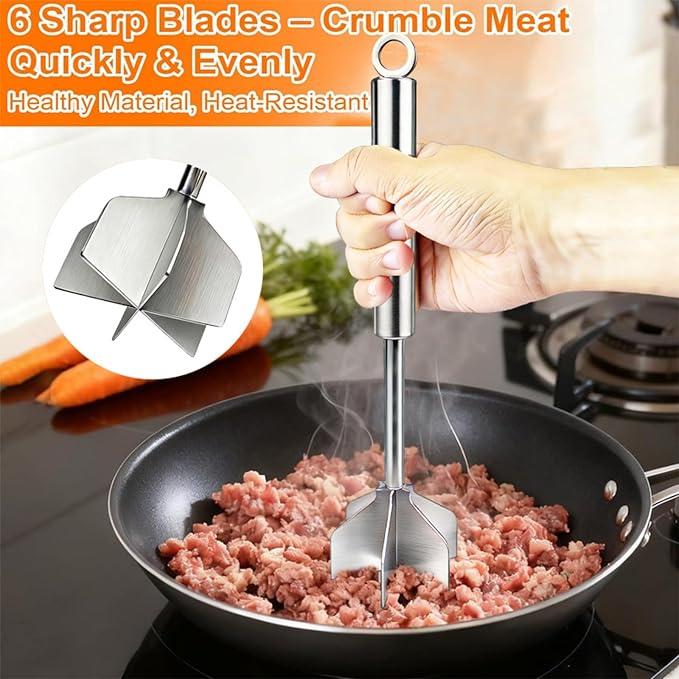 304 Stainless Steel Meat Masher 11 Inch 6 Blade | Ground Beef Chopper Tool Hamburger Smasher for Potato Chicken Puree, Heavy Duty Food Grade Mixer Utensil for Home Meal Prep