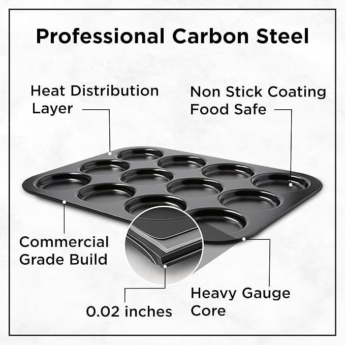 Wrenbury Nonstick Whoopie Pie Pan 12-Cup for Muffin Top - Carbon Steel Shallow Baking Tray for Macarons Cookies Yorkshire Puddings Cornbread & Burger Buns