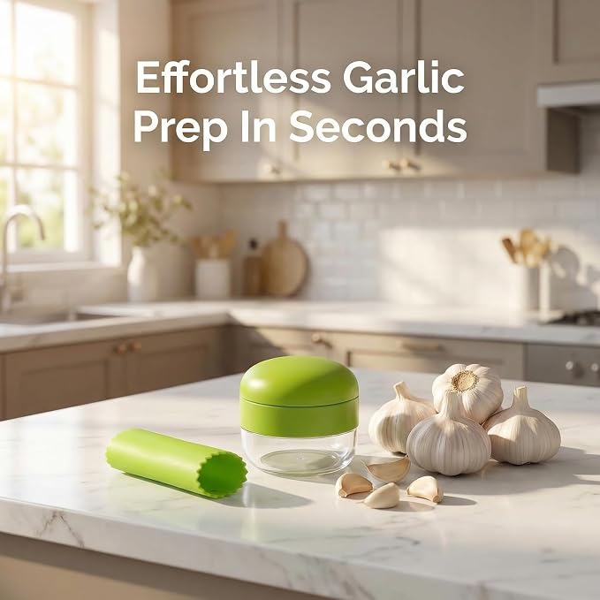 2-Pack 3-in-1 Garlic Press Set, Stainless Steel Garlic Mincer with Garlic Peeler & Cleaning Brush, Garlic Crusher Tool with Storage Container for Kitchen Cooking (Green)