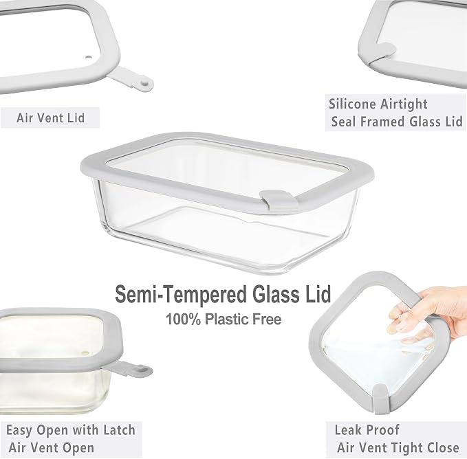 Glass Food Containers with Glass Lid, Microwave Safe Food Storage Container Set, 6 Pack Square Shape, Large Size Airtight Storage Set with Leak Proof Lids, Meal Prep Containers