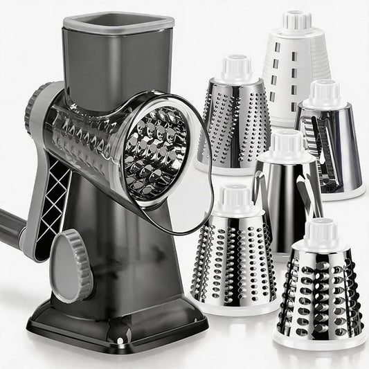 KEOUKE Rotary Cheese Grater Pro 6 in 1 - Shredder Crinkle Slicer Grinder Ice Shaver, Stable Suction, Time-saving Easy Use & Clean, Safe Morden Kitchen Tool for Cheese, Vegetable, Nuts, Chocolate