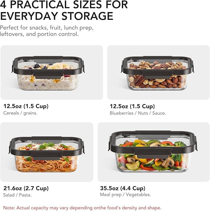Glass Meal Prep Containers with Glass Lids, 4 Pack Airtight Glass Food Storage Containers, Borosilicate Glass Lunch Containers for Healthy Meal Prep, Microwave Oven Dishwasher Safe, BPA Free