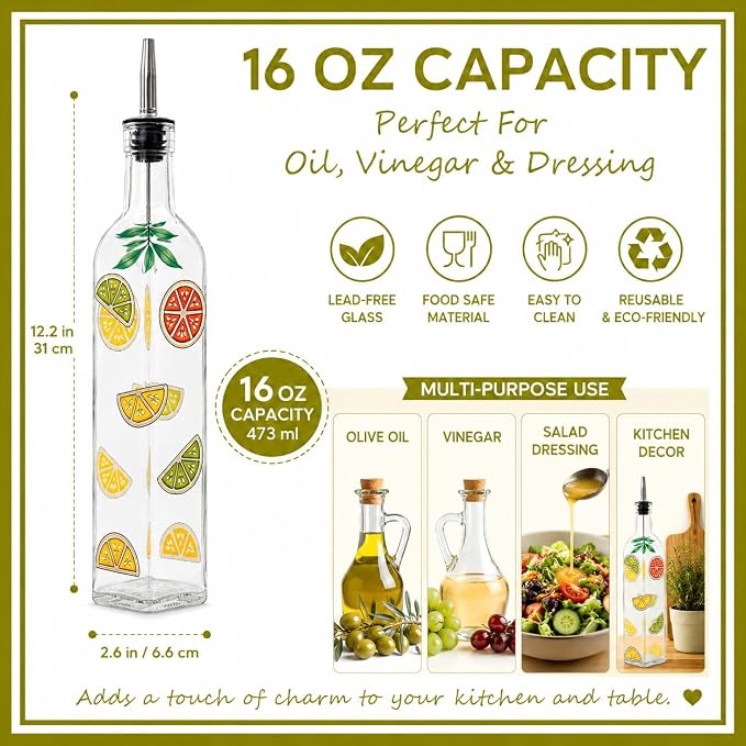 17oz Hand Painted Glass Olive Oil Bottle - 500ml Green Oil & Vinegar Cruet with Pourers - Olive Oil Carafe Decanter for Kitchen (Fruit)