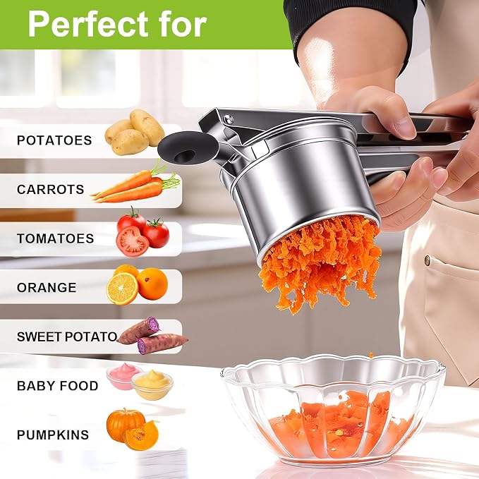 Potato Ricer Stainless Steel, Heavy Duty Potato Masher with Ergonomic Handle, Large 3 Interchangeable Discs Ricer for Mashed Potatoes Dishwasher Safe, Efficiently Make Fluffy Smooth Mashed Potatoes