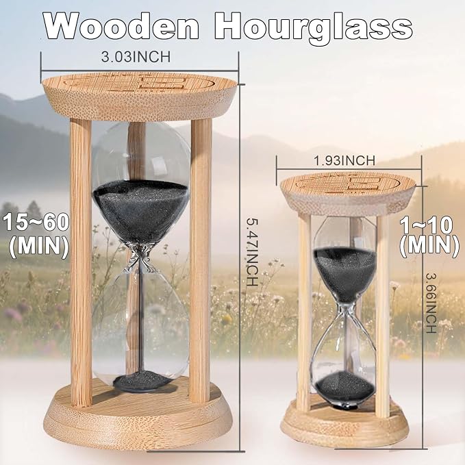 60 Minute Wooden Sand Timers, Bamboo Black Sand Hourglass for Productivity, Meditation & Decor, 60 Min Reloj De Arena for Kitchen, Office, Yoga, Game, Classroom