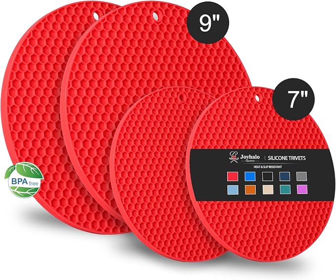 4 Pack Silicone Trivet for Hot Dishes | Heat Resistant Silicone Pot Holders for Kitchen Countertops, Hot Dishes, Jar Opener, Spoon Holder, Easy to Wash and Dry, Red