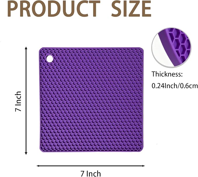 6-Pack Silicone Trivet Mats, Heat Resistant Hot Pads, Dishwasher Safe Kitchen Mats, BPA-Free Pot Holders for Table, Countertop, Stove, Honeycomb Design (Purple, 7" Square)