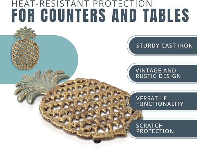 Comfify Cast Iron Pineapple Trivet – 5.9"×9" – Rubber Pegs Included | Gold; cast iron; 5.9"L x 9"W x 0.59" thick; rubber peg feet + spare set; tropical vintage; kitchen dining table