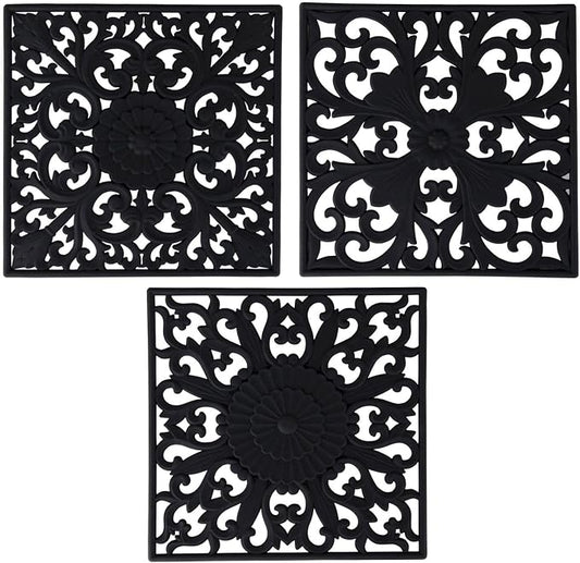 Silicone Trivets for Hot Pots and Pans, Square Non Slip Mats for Table or Counter, Multi-Use Carved Hot Pads, Flexible Modern Pad Heat Resistant Big Teapot Coaster Set of 3 Black