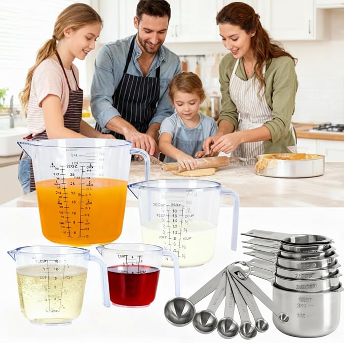 7x Stainless Steel Measuring Cups with 6x Measure Spoons Set,4x Py&Res Plastic liquid Measurings Cups for Liquids,Kitchen Gadgets for Cooking & Baking Utensils Christmas Gift (17Pcs)