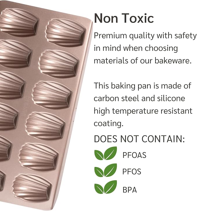 12 Well Madeleine Pan 2-Pack Nonstick, PFOA & BPA Free | | Non-Toxic - High Carbon Steel - Gold - Madeleines Cake Cookie Mold