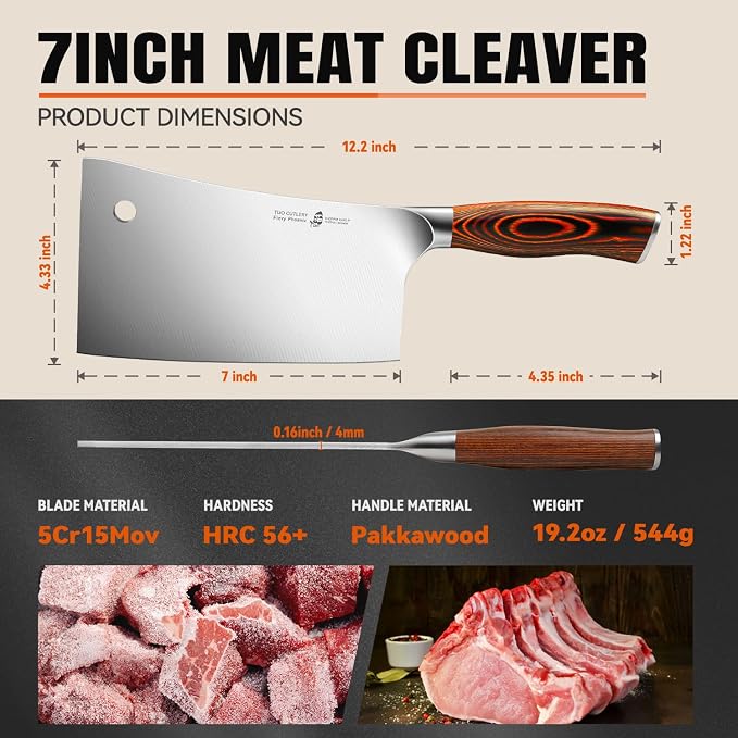 TUO Meat Cleaver, 7 inch Heavy Duty Bone Chopper, High Carbon German Stainless Steel Butcher Knife, Pakkawood Handle Kitchen Chopping Knife with Gift Box - Fiery Phoenix Series