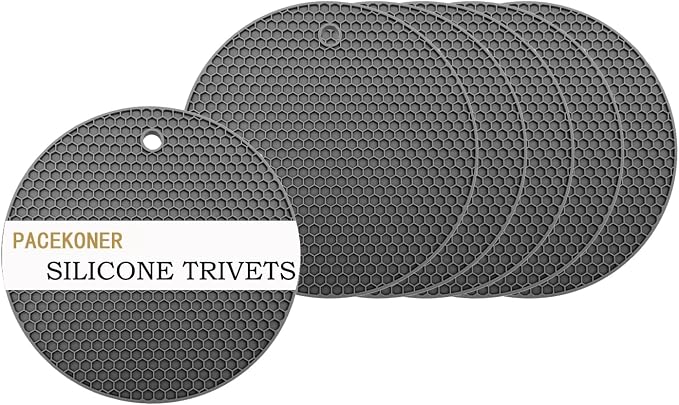 6-Pack Silicone Trivet Mats, Heat Resistant Hot Pads, Dishwasher Safe Kitchen Mats, BPA-Free Pot Holders for Table, Countertop, Stove, Honeycomb Design (Dark Grey, 7“ Round)