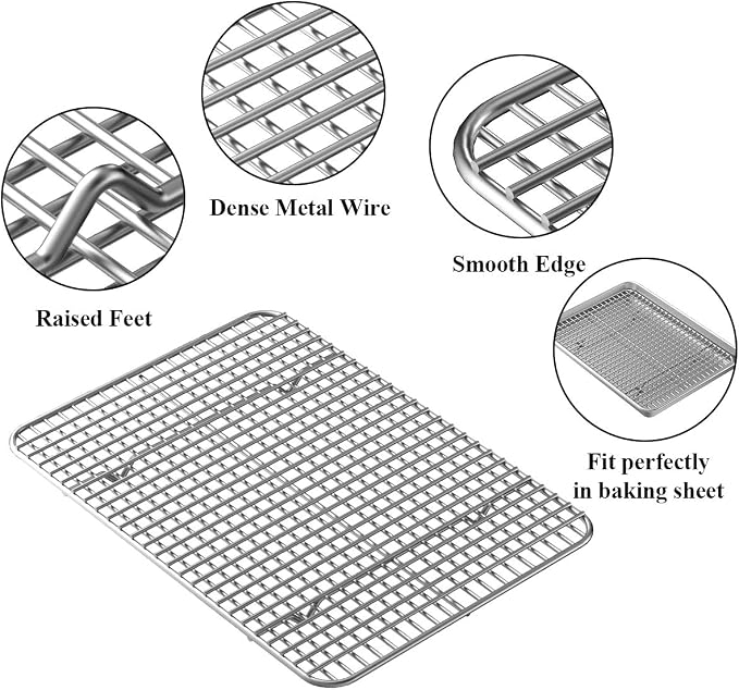 Baking Sheet with Rack Set [2 Pans + 2 Racks], Wildone Stainless Steel Cookie Sheet Baking Pan Tray with Cooling Rack, Size 9 x 7 x 1 Inch, Non Toxic & Heavy Duty & Easy Clean
