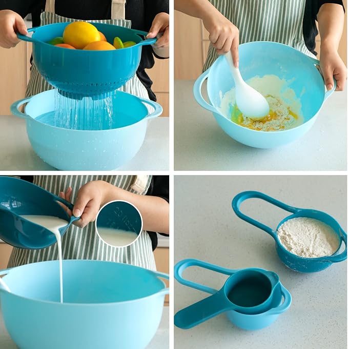 Pantula Mixing Bowls-Plastic Nesting Set of 8, Rv Camper Accessories | Kitchen Gadgets for Apartments Space Saving, Including Measuring Cups Sifter Colander, Easy Storage Cooking Baking, No BPA
