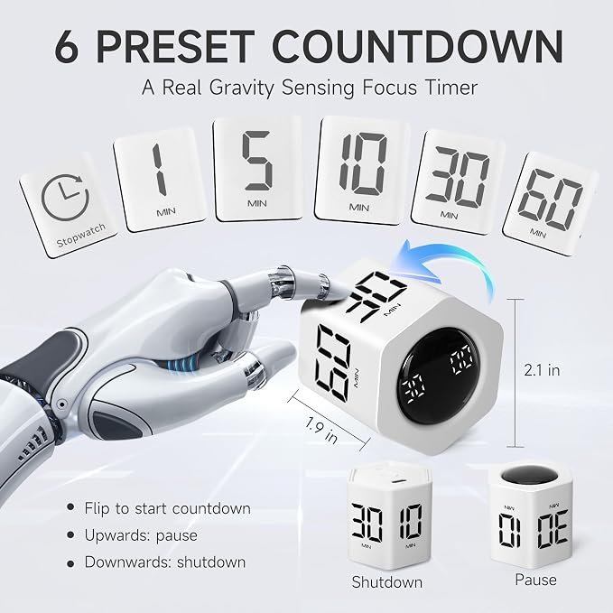 Productivity Timer 1, 5, 10, 30, 60 Minutes Preset, Desk Cube Timer with Gravity Sensor/Mute/Vibration for ADHD, Work, Study, Kitchen, Back to School (White)