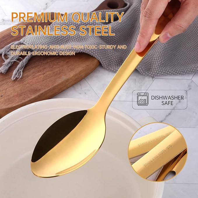 13-Inch Large Stainless Steel Serving Spoons Set, Long Handle Buffet Utensils, Dishwasher Safe (Gold, 8 piece)