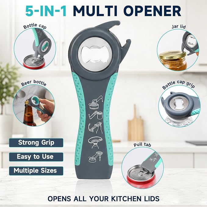 Jar Opener for Weak Hands, Seniors with Arthritis, 3-Piece Set with 5-in-1 Bottle Opener, Can Opener & Non-Slip Rubber Gripper Pad, Easy Grip Lid Opener for Arthritic Hands
